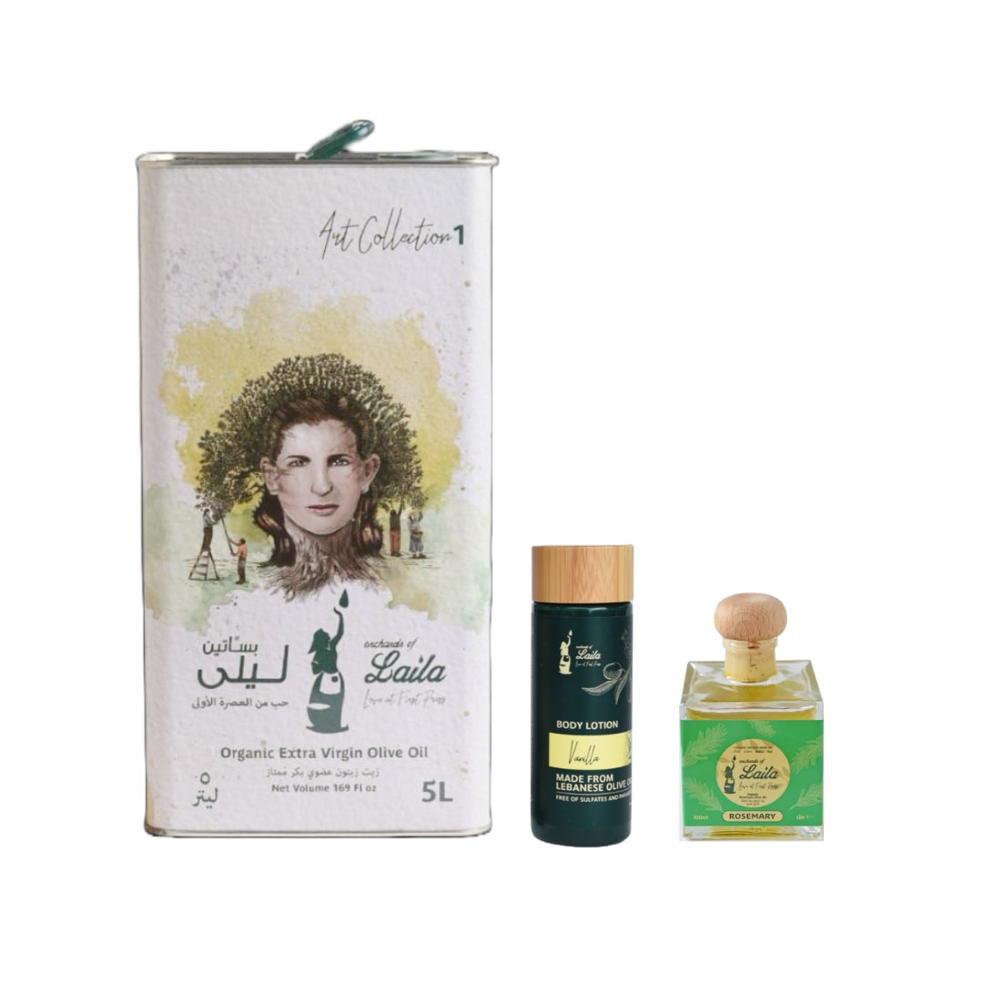 Extra Virgin Olive Oil Can & FREE Olive Oil Body Lotion and Infused Olive Oil