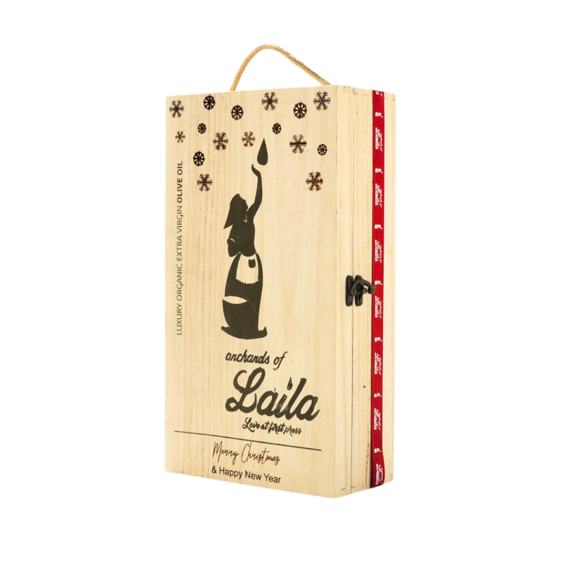 Double Christmas Wooden Gift Box with Organic Extra Virgin Olive Oil