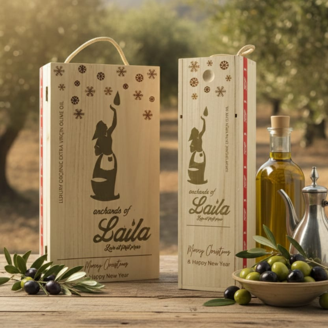 Single Christmas Wooden Gift Box with Organic Extra Virgin Olive Oil