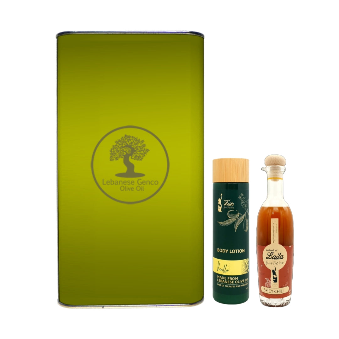 Large Extra Virgin Olive Oil Can & FREE Olive Oil Body Lotion and Infused Olive Oil