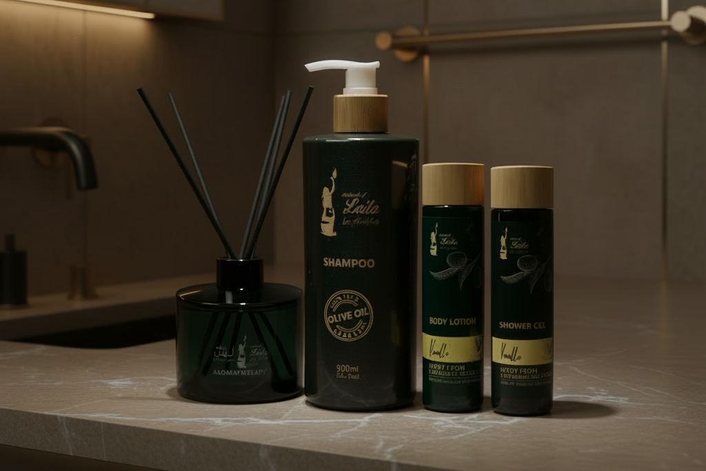 Bathroom counter with L'Atte olive oil shampoo and body lotion bottles.