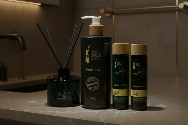 Bathroom counter with L'Atte olive oil shampoo and body lotion bottles.