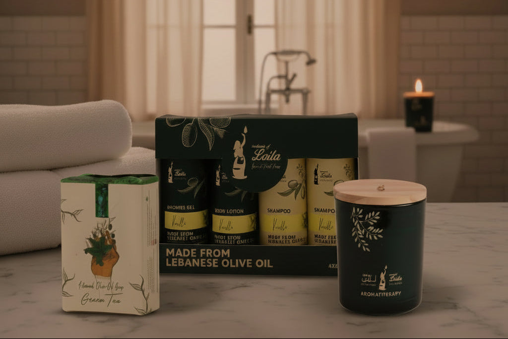 Candle and packaging on a table with a blurred background