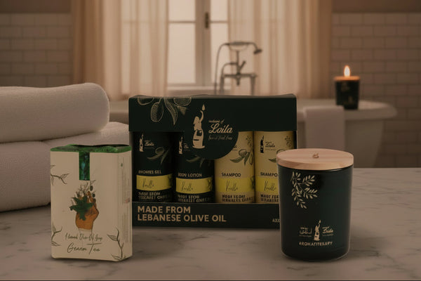 Candle and packaging on a table with a blurred background